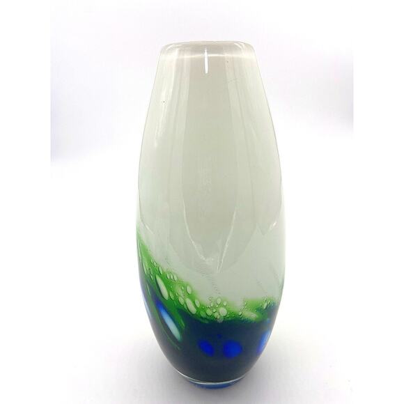 Vintage MCM Lava Lamp Style Vase Opal Green Cobalt Blue Bubbles Art Glass - Picture 2 of 6
